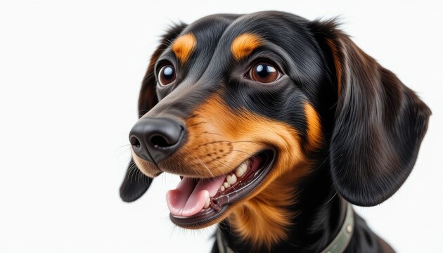 Close-up of a happy dachshund with tongue out, cheerful expression.