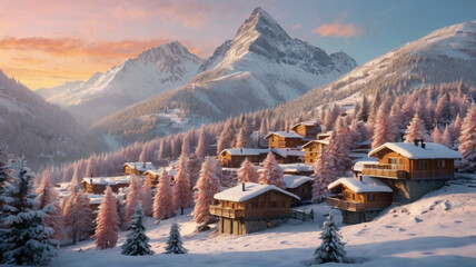 Snowy Mountain Village at Dawn with Wooden Chalets and Glowing Lights