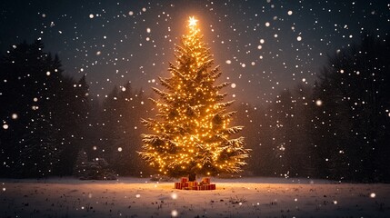 Naklejka premium Christmas tree glowing in snow at night with stars, falling snowflakes and gifts under it. Wide angle shot, perfect as high definition mobile wallpaper, winter landscape.