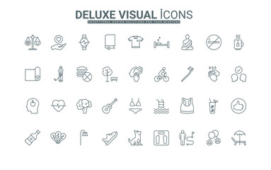 Stop fast food for weight control, sport, health checkup, and yoga meditation for balance thin black outline symbols vector illustration. Healthy habits, hygiene, lifestyle, and diet line icons set.