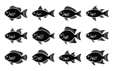 Naklejka premium Vector art of set of silhouette vector illustrations of various fish species, representing marine life, aquatic animals, and underwater ecosystems