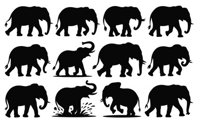 Vector art of set of silhouette vector illustrations of elephants in various poses, representing wildlife, african animals, and nature