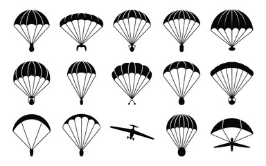 Vector art of collection of parachute and glider silhouettes, representing extreme sports, adventure, and aerial recreation
