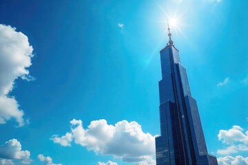 Obraz premium A majestic skyscraper pierces a vibrant blue sky, symbolizing ambition, progress, and urban development The image is clean, modern, and evokes a sense of hope and upward mobility , design, view