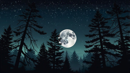 Night forest with pine silhouettes and full moon