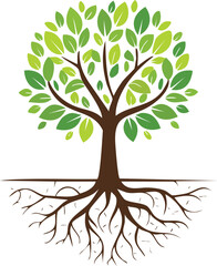Obraz premium Green tree with deep roots illustration, symbol of growth, nature, and stability. Generative AI