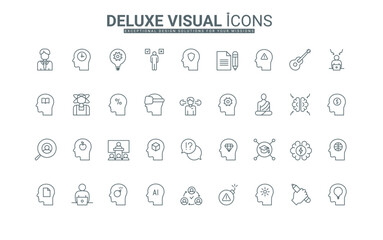 Human heads with pictograms of gear and time, warning sign and light bulb, brain health and AI robot thin black outline symbols vector illustration. Mind process, psychology line icons set.