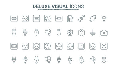 Power tower, electrician tools, outlet grounding, and light bulb thin black outline symbols vector illustration. International adapter, types of electric sockets and plugs line icon set.