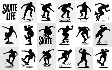 Vector art of skateboarding silhouettes set, featuring skateboarders in action, performing tricks, and jumps, perfect for urban lifestyle designs