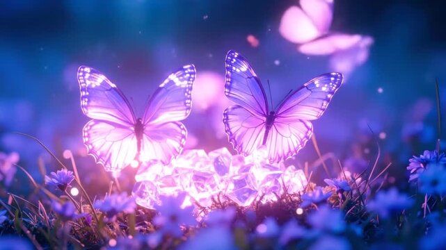 Enchanted Butterflies on Glowing Crystals in Dreamy Meadow