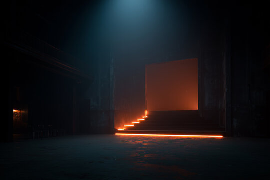 The stage is darkly lit