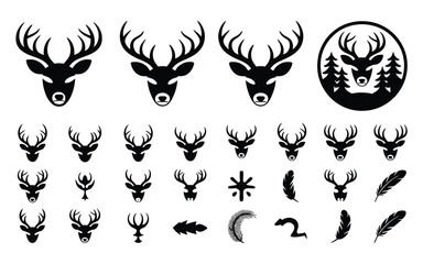 Vector art of collection of deer head silhouettes with antlers, feathers, and forest elements