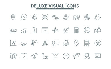 Rocket and light bulb idea, success vision, target, team brainstorm, multitasking thin black outline symbols vector illustration. Business startup, strategy, launch plan line icon set.