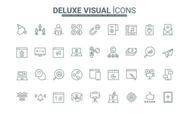 Audience target search, thin black outline symbols vector illustration. Creation of digital content for blogs and vlogs, copyright protection, and promotion in social media line icons set.