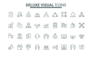 Work life balance scales, vision, problem solving algorithm, agreement thin black outline symbols vector illustration. Business communication in office, team structure line icon set.