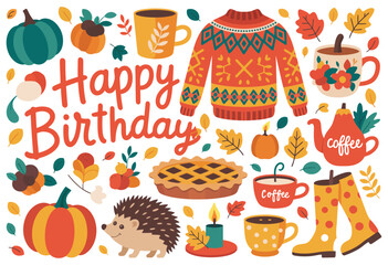 A charming collection of autumn-themed illustrations for a cozy fall birthday celebration, featuring a pumpkin, hedgehog, and warm sweater