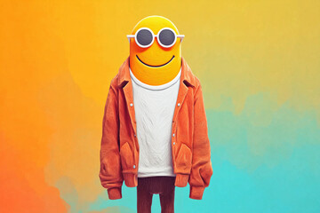 Obraz premium A cheerful yellow smiley wearing stylish sunglasses and a cozy orange hoodie set against a gradient background.