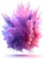 Powder explosion on white background studio shot of colorful pigment dust cloud in shades of purple and pink