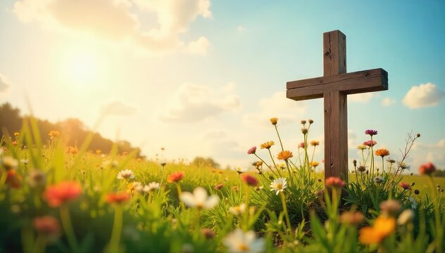 A serene image depicting a simple wooden cross, nestled amongst wildflowers in a sun-drenched field, evokes peace and remembrance on a Christian holy day , hope, green, wood - Powered by Adobe