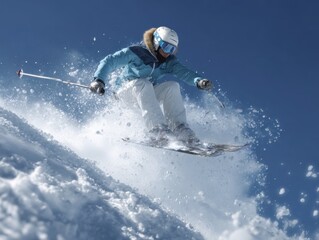 Naklejka premium Skier in action carving down snowy slope on sunny day extreme sports winter activity outdoors from low angle