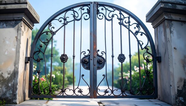 Ornate wrought iron gates leading to a garden