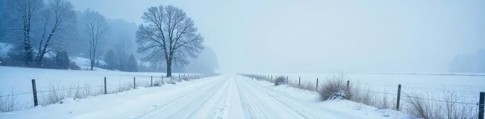 Fototapeta premium Blizzard Engulfs Rural Landscape Heavy Snow, Frozen Road, Peaceful Winter Scene