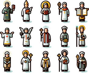 Flat Cartoon Vector Illustration of Christian Religious Clergy Characters Including Priests, Bishops, and Church Leaders Icon Set for Religion and Faith Design