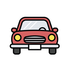 A front view of a classic red car with yellow headlights and a white license plate.