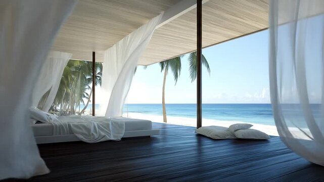 A tranquil beachfront bedroom, featuring a white bed, sheer curtains, and a stunning ocean view.