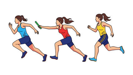 Relay Race: A stylized illustration portrays the dynamic action of a relay race. Three athletes in vibrant athletic wear demonstrate the essence of speed and teamwork.