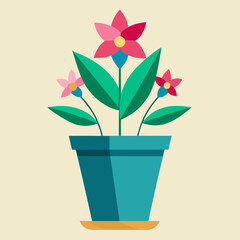 Flat design illustration of a potted plant with pink and red flowers