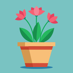 Flat design illustration of pink lotus flowers in a terracotta pot