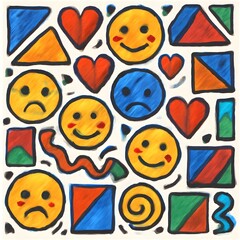 Obraz premium Colorful Abstract Illustration Featuring Smiley Faces, Hearts, and Geometric Shapes in a Playful Design