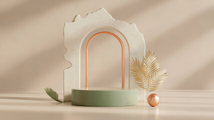 Elegant minimalist product display stand with palm leaf decoration and geometric design elements
