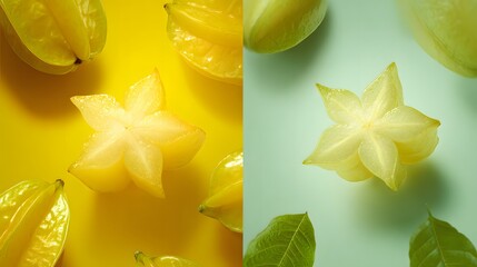 Bright yellow and pale green starfruit slices and whole fruits arranged on contrasting yellow and mint green backgrounds