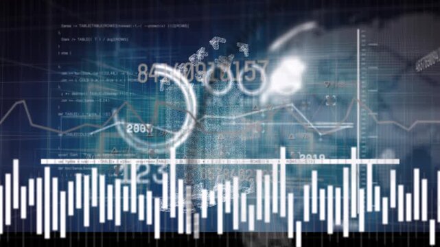 Animation of globe with graphs, data processing with hud on futuristic digital interface - Powered by Adobe