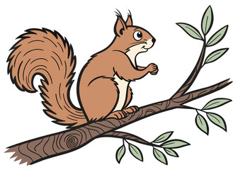 Cute cartoon squirrel sitting on a tree branch with green leaves