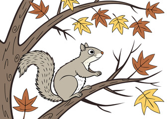 Cute cartoon squirrel sitting on a tree branch with autumn leaves
