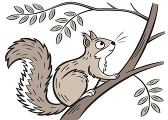 Cute cartoon squirrel sitting on a tree branch with leaves