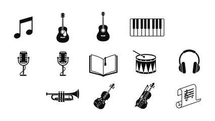 Melodic Harmony: A collection of simple yet powerful monochromatic music icons, capturing the essence of sound through instruments and notation.