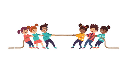 Kids Tug-of-War: A vibrant illustration captures children in a tug-of-war competition, exuding teamwork and playful energy in a colorful display.