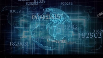 Animation of globe with numbers on futuristic digital interface - Powered by Adobe