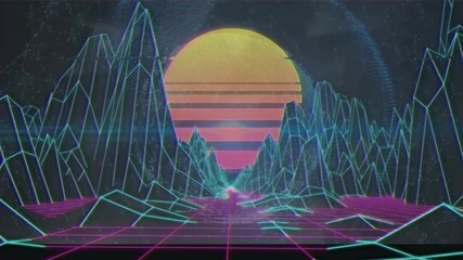 Animation of 3d wireframe landscape with orange sun on digital interface - Powered by Adobe