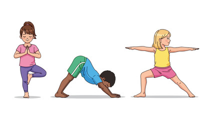 Naklejka premium Harmony in Motion: A charming illustration showcases three children gracefully performing various yoga poses, celebrating the beauty of wellness.