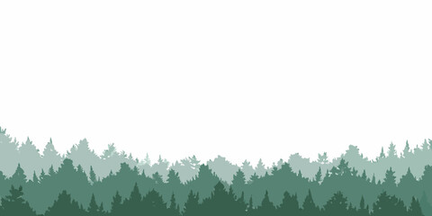 Layered silhouette of evergreen forest against a white background