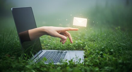 A hand reaches out from a laptop to touch a glowing email envelope in nature.