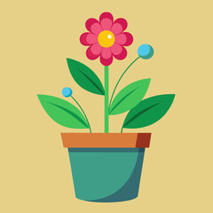Flat design pink flower in teal pot with green leaves