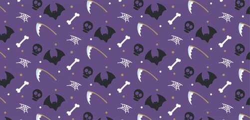 Halloween Pattern with Bats and Skulls on Purple