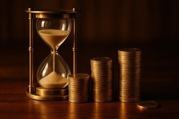 Antique hourglass and golden coins arranged on wooden desk symbolizing precious time investment and financial planning wisdom