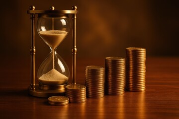 Antique hourglass and golden coins arranged on wooden desk symbolizing precious time investment and financial planning wisdom